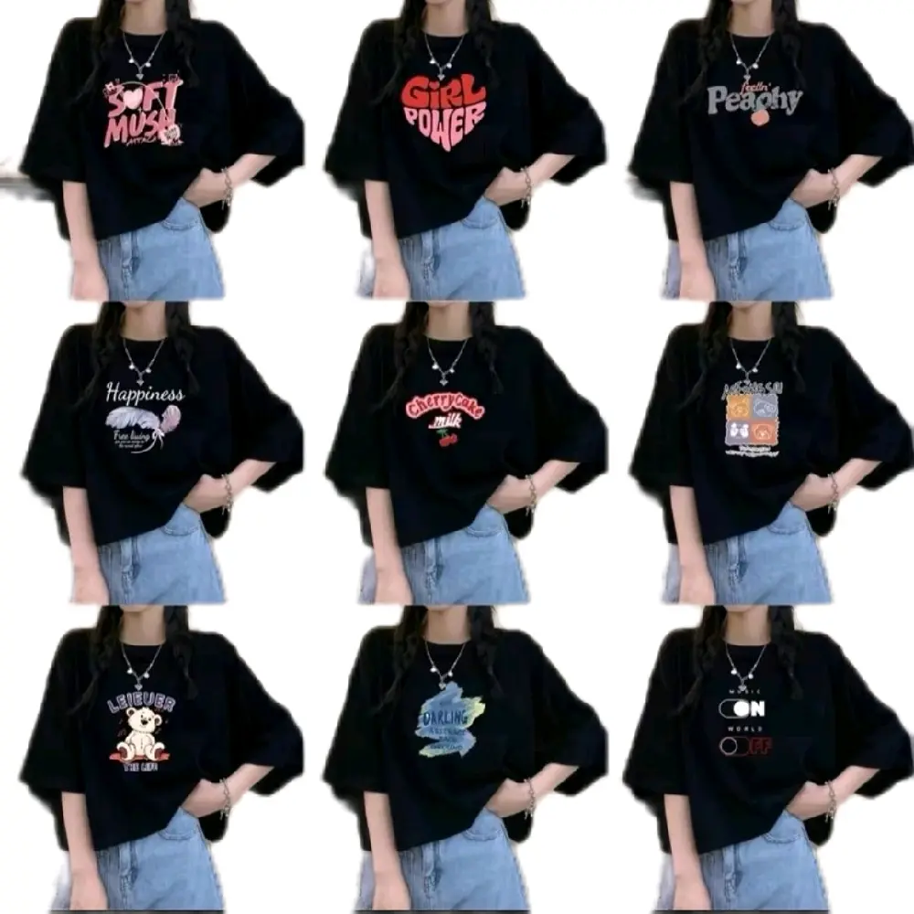Paket 4 Pcs Kaos Crop Top Wanita Soft Printing Digital Sablon Nyaman - Distro, Pendek, Motif, Baju, Hitam, Tee, Katun, Cewek Combed Atasan Lembut Oversize