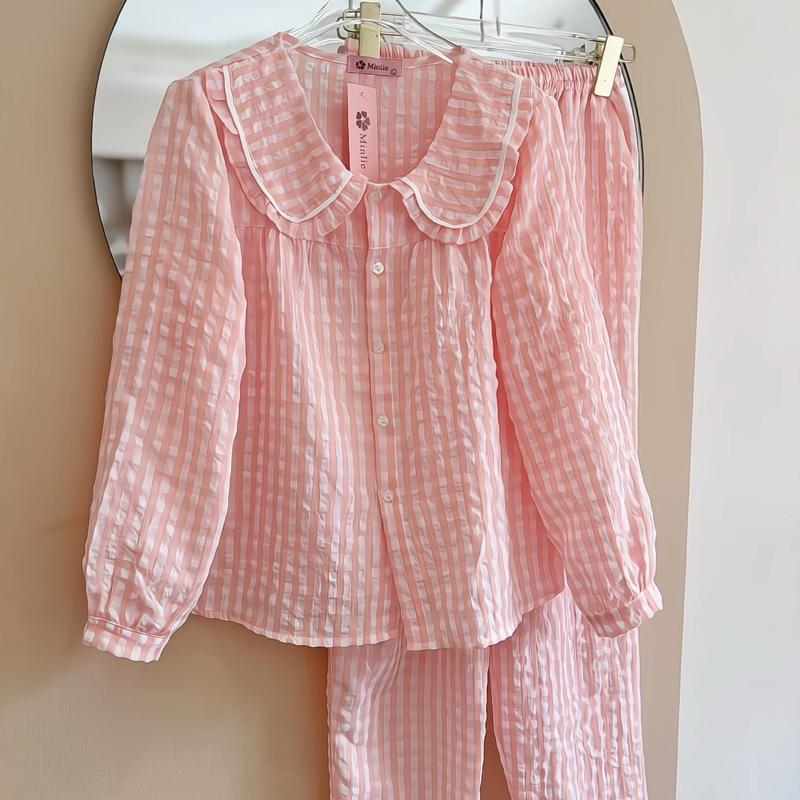   Minlie Bộ mặc nhà nữ bộ ngủ nữ bộ sau sinh bộ tiểu thư chất thô xốp mềm mát không nhăn 