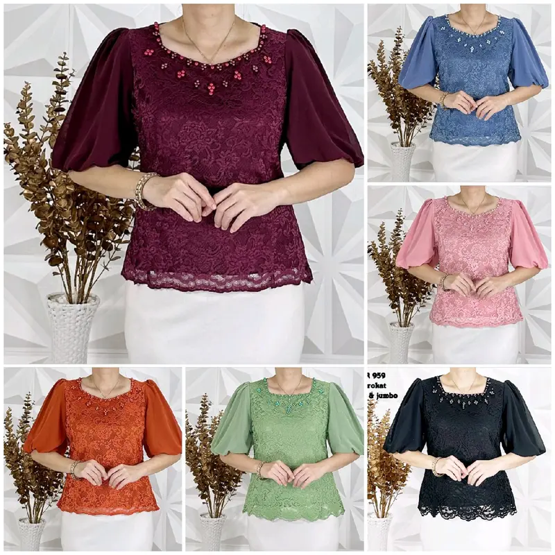 Atasan brokat blue ice sage hitam denim putih merah salem lapis furing mix payet resleting belakang 1