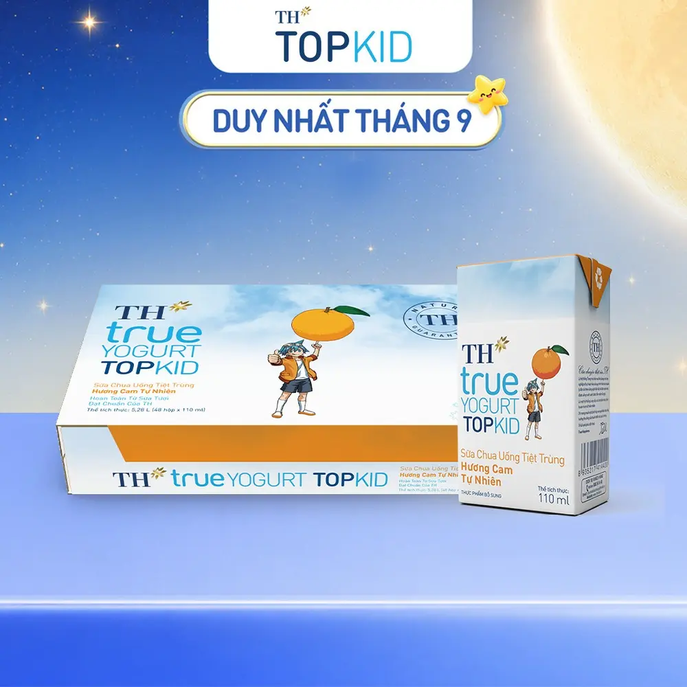 Thùng 48 hộp sữa chua uống tiệt trùng TH true YOGURT TOPKID hương dâu/ cam /dâu-chuối-lúa mạch tự nhiên 110 ml (110 ml x 48)