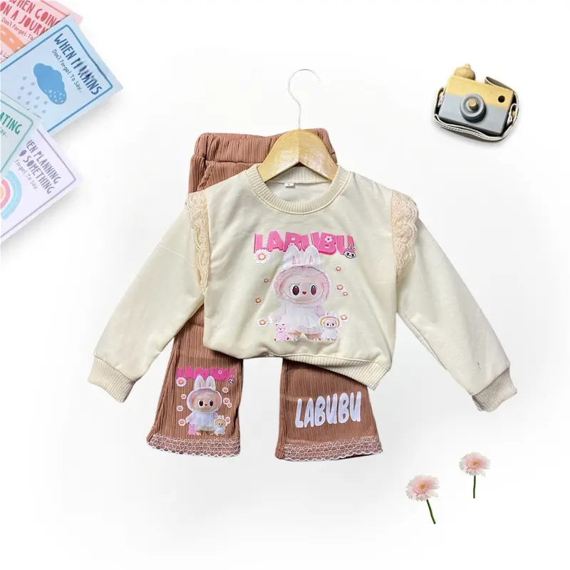 Setelan Anak Perempuan Labubu Celana Cutbray Motif Labubub Viral Bahan Babyterry Premium Korea Usia 1-5 Tahun one  set  korean style Cewek Parsel setelan  anak baju labubu anak perempuan Bayi Katun 4