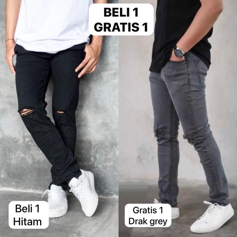 Product Introduction of PROMO BELI 1 GRATIS 1 Celana jeans pria sobek lutut panjang skinny ripped softjeans 2