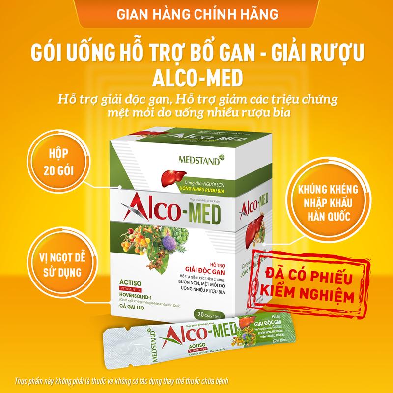 Bán chạy Hộp 20 Gói uống Alco-MED - Hỗ trợ giải độc gan hỗ trợ giảm các triệu chứng buồn nôn mệt mỏi do dùng bia rượu hộp 20 gói x 10ml