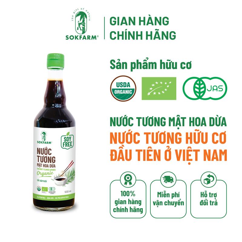 Nước Tương Mật Hoa Dừa Hữu Cơ Sokfarm 500ml - Dòng Ít Muối - Không Từ Đậu Nành, Không Biến Đổi Gen, Ít Mặn, Làm Gia Vị, Nấu Ăn