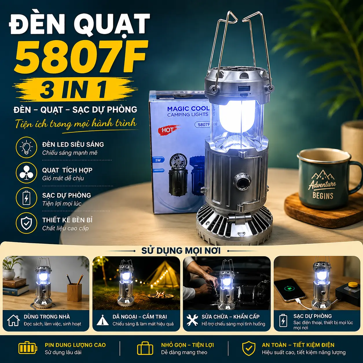 Đèn Tích Điện Năng Lượng Mặt Trời 3 in 1 - Đèn Pin Chiếu Sáng Tích Hợp Quạt, Sạc Pin Điện Thoại