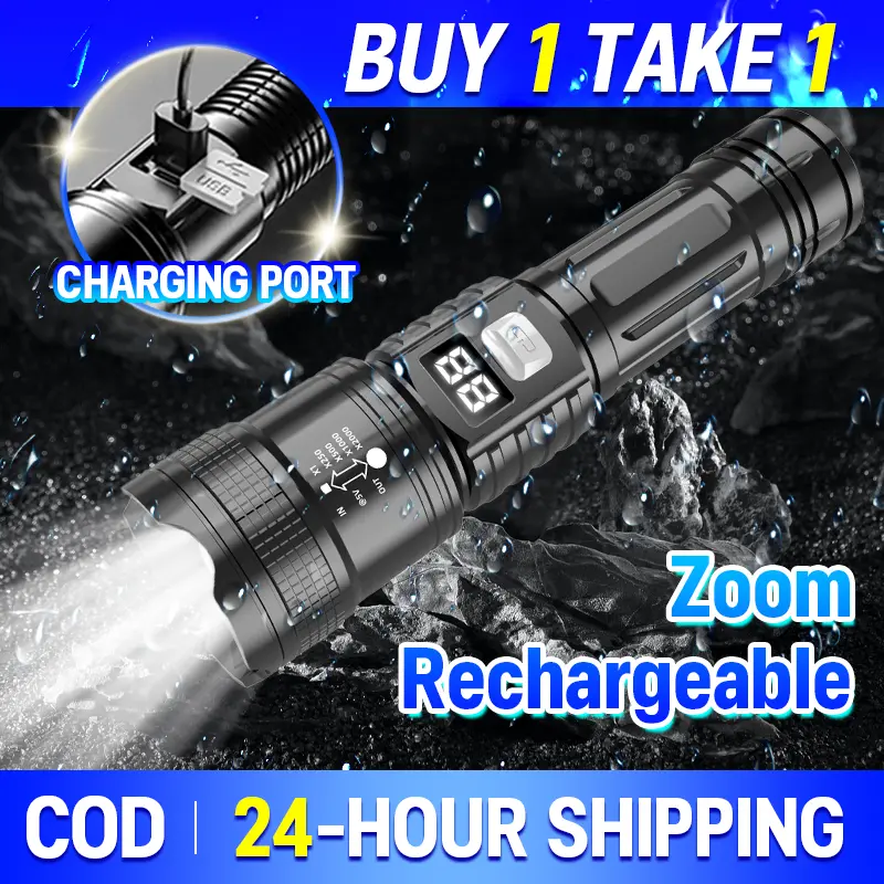 【Buy 1 Take 1】New wisdom flashlight Imported from Germany Digital electric display bright light flashlight multi-function telescopic zoom flashlight outdoor portable work light flashlight emergency heavy duty