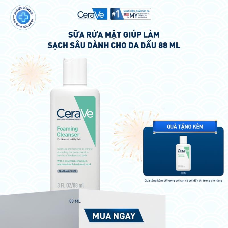 DEAL HOT Sữa rửa mặt giúp làm sạch sâu dành cho da dầu Cerave Foaming Facial Cleanser 88ml tạo bọt làm sạch sâu dịu nhẹ và cung cấp độ ẩm cho da. Chăm sóc da_Sữa rửa mặt_Skincare cho Nam và Nữ_Cleansing