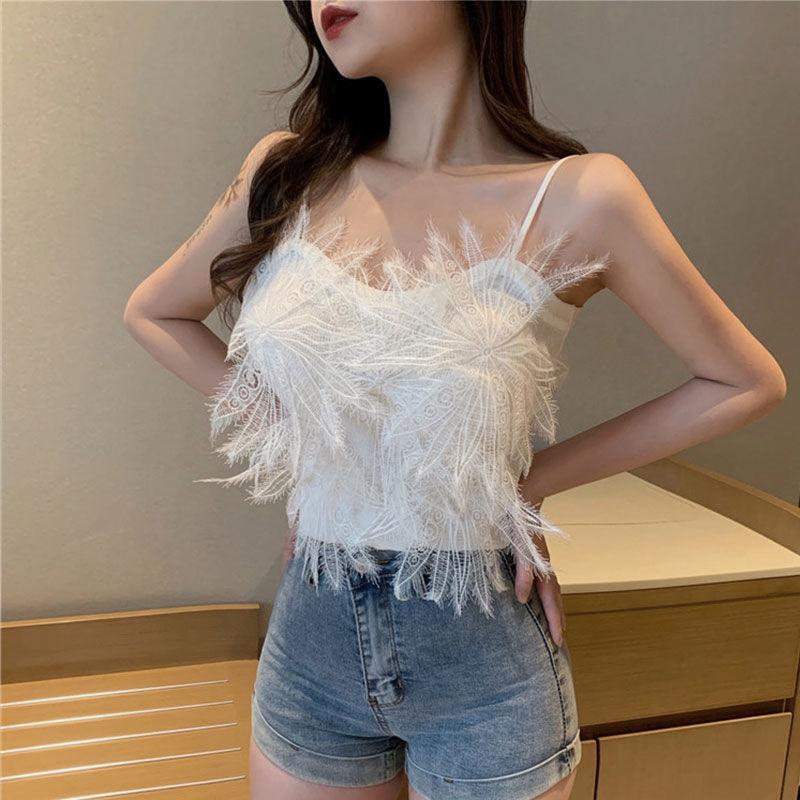 Áo Ba Lỗ Nữ, Thiết Kế Siêu Thanh Lịch Mới, Tua Rua, Lông Vũ, Phong Cách Ngắn, Dây Đeo Nhỏ, Áo Khoác Ngoài Và Áo Khoác Ngoài Top