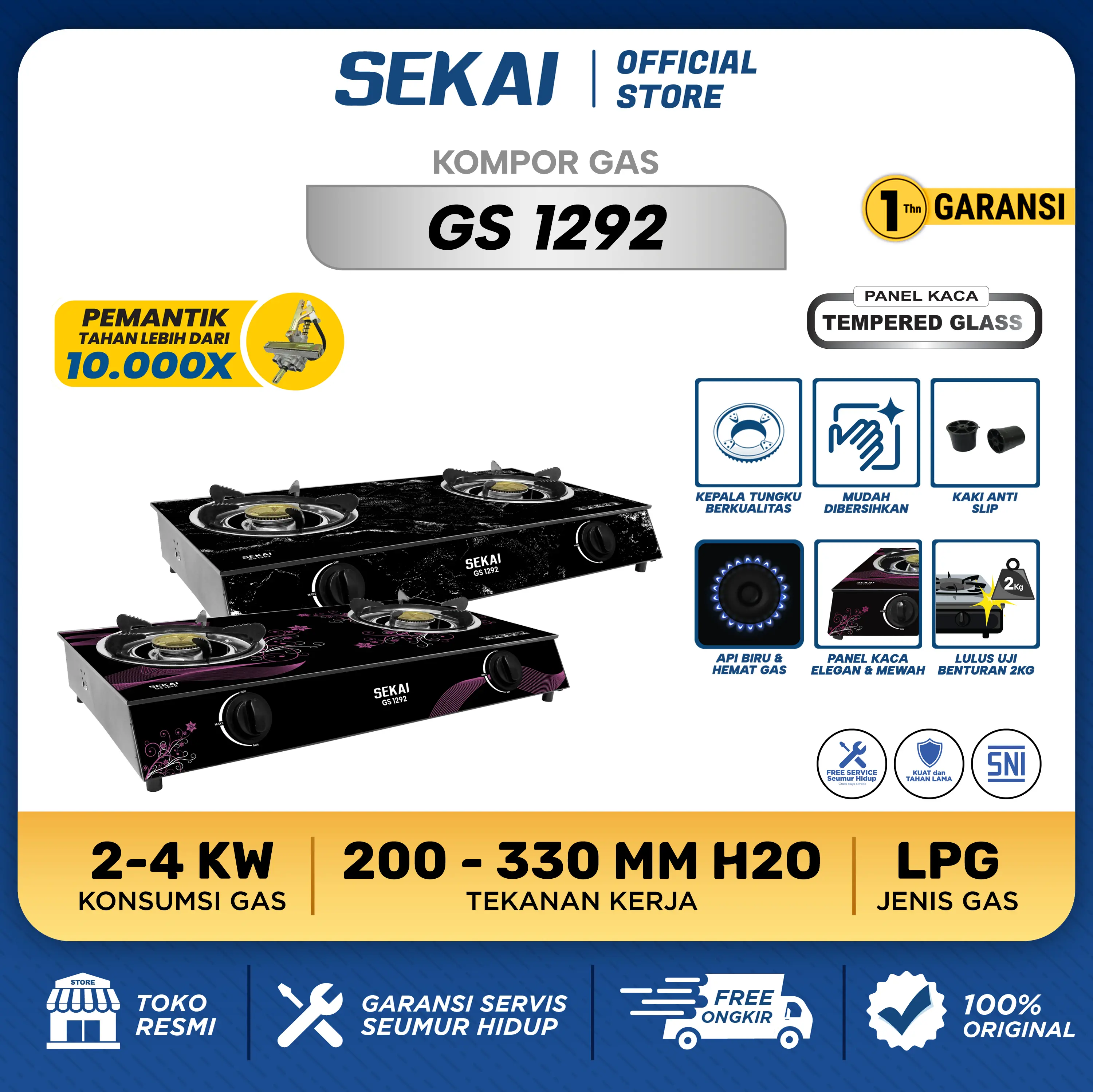 SEKAI Kompor Kaca Gas 1 dan 2 Tungku Tempered Glass Kompor LPG - GS 1152 / GS 1292