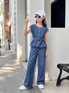 Setelan Vest Anak Perempuan Semi Wool 7-16 Tahun - Celana Panjang Stripe Korean Style Trendy