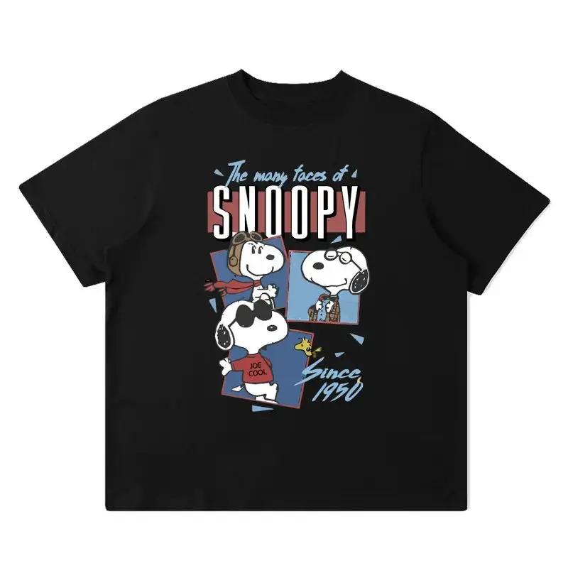 Áo thun ngắn tay rộng oversize màu đen in nhiều hình Snoopy khối vuông cổ điển kèm chữ tiếng Anh phong Mỹ hoạt hình hoài niệm hot trend nam nữ cùng mặc phối đồ đa dạng