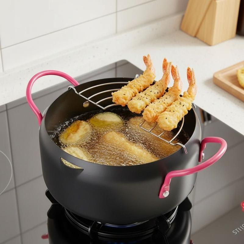 Độc đáo Phong cách Nhật Bản Nồi chiên tempura tay cầm màu hồng với giá đỡ bộ lọc dầu Hợp kim nhôm Nồi chiên sâu lòng Ổ cắm hình chữ V Mini Nồi chiên bị hư hỏng Nấu ăn