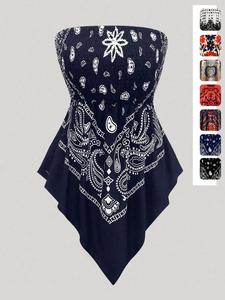 Blusa sin tirantes para mujer de talla grande con estampado de toalla, estilo bohemio con volantes y dobladillo plisado, sin mangas, moda casual de verano