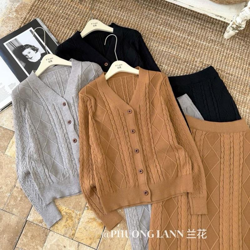 Fortune.st - Sét bộ len thừng áo carigan cổ V và chân váy