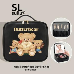 กระเป๋าแต่งหน้า ดีไซน์หมีเนยการ์ตูนน่ารัก พร้อมกระจกและไฟ LED แบบพกพา กล่องเก็บเครื่องสำอางความจุขนาดใหญ่ระดับไฮเอนด์ ขนาดปรับได้ เหมาะสำหรับการเดินทาง