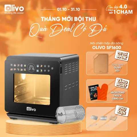 Nồi Chiên Hơi Nước OLIVO SF1600 - Màn Hình OLED Cảm Ứng Tiếng Việt, Quay Gà Nguyên Con, Chiên - Hấp - Hầm - Chiên Hấp Kết Hợp, Màn Hình OLED Cảm Ứng, 70 Chế Độ Cài Sẵn, Công Suất 2800W, Tự Động Vệ Sinh, Chính Hãng, Bảo Hành 24 Tháng