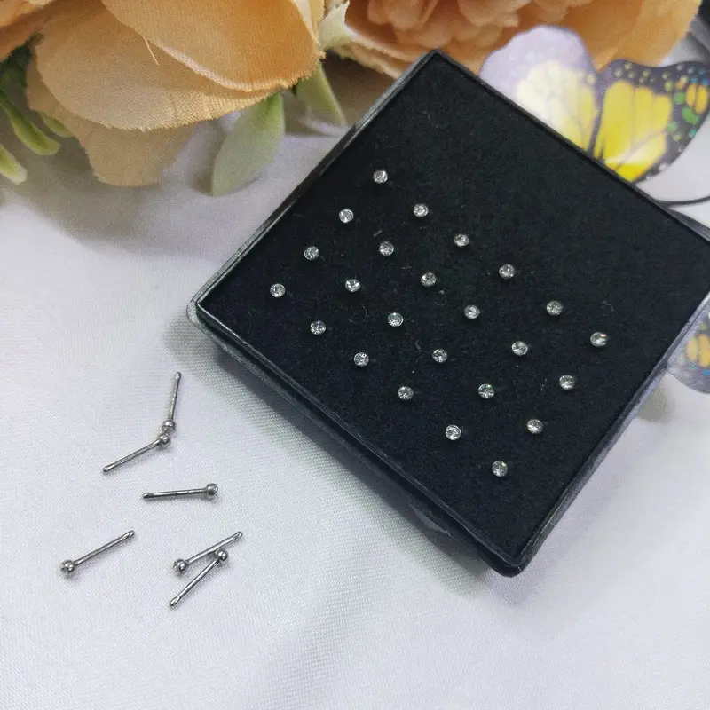 Anting Tindik Hidung 24pcs Tindik Hidung Nose Stud Silver Mata Warna Warni 3