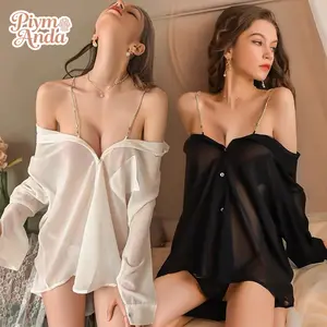 baju dinas malam sexy   Kemeja Sifon Transparan Dengan rantai    sexy costume  Tersedia dalam 2 warna