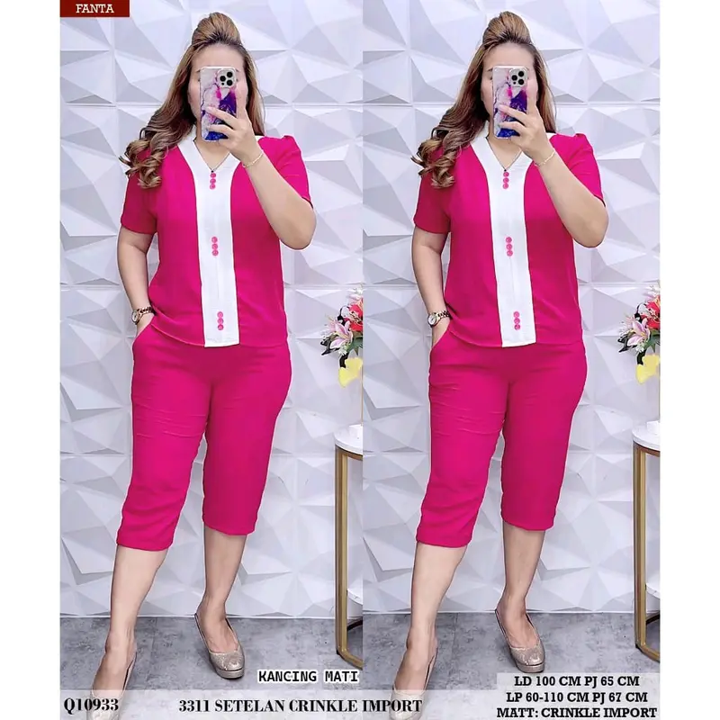 One Set Crinkle Airflow Terbaru//Setelan Crinkle Kombinasi Pendek Lengan pendek  Ruffle Wanita Nyaman Baju Celana 3