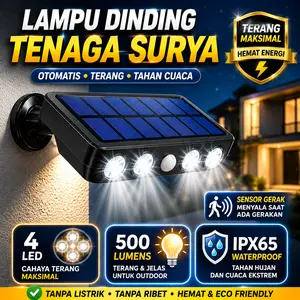 Lampu Dinding Tenaga Surya Sensor Gerak 4 LED 500Lm IP65 Cahaya Putih Terang Cool White 6000K Baterai 1200mAh 3 Mode Otomatis Night Mode Hemat Energi Untuk Taman Teras Pagar Garasi Outdoor