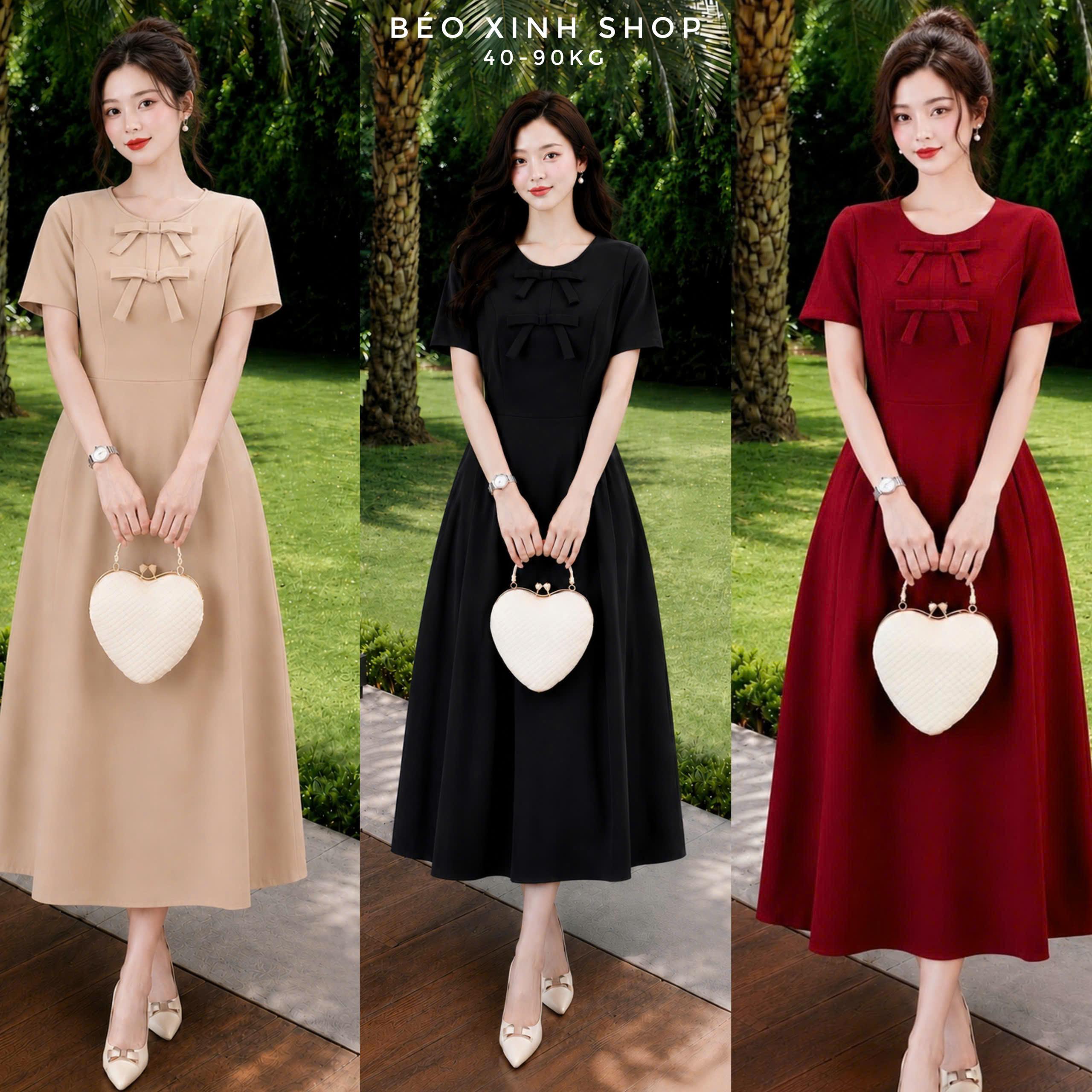 Đầm Dài Nữ Xước Pháp Nơ Ngực, Tùng Xòe Sang Trọng Che Dáng 40–90kg 40–90kg - B.1882