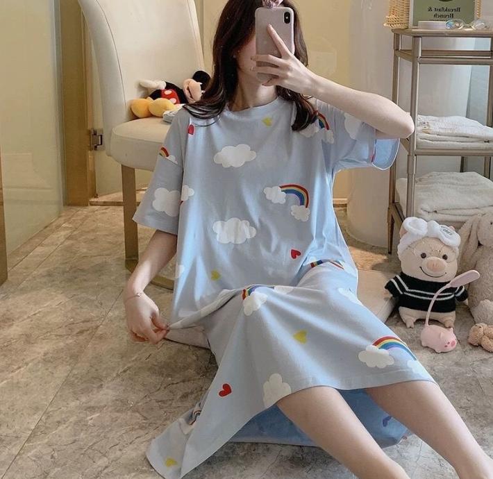 Baju Tidur Wanita Daster Dewasa Motif Gaun Malam Piyama Kaos Fashion Perempuan Remaja Murah Kekinian Lengan Pendek 5