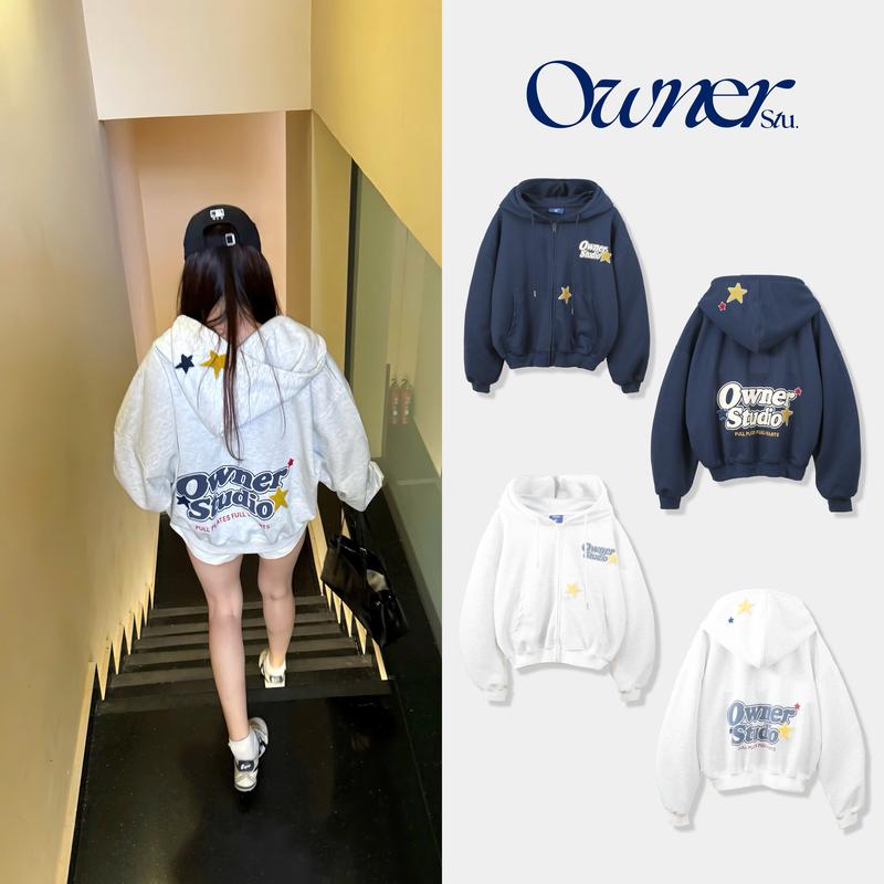  Owner Áo Khoác Nỉ 2 Mặt STAR EMB OWNER Form Boxy Không Dày Dây Kéo Hoodie Zip Chất Liệu Mới In Lụa Độc Đáo Size M L 