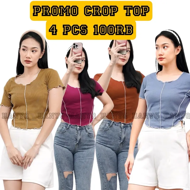 HQ_ Promo ( 4 pcs 100 rb) baju t-shirt crop Tee- U neck wanita lengan pendek nyaman dan adem Atasan Kaos 1
