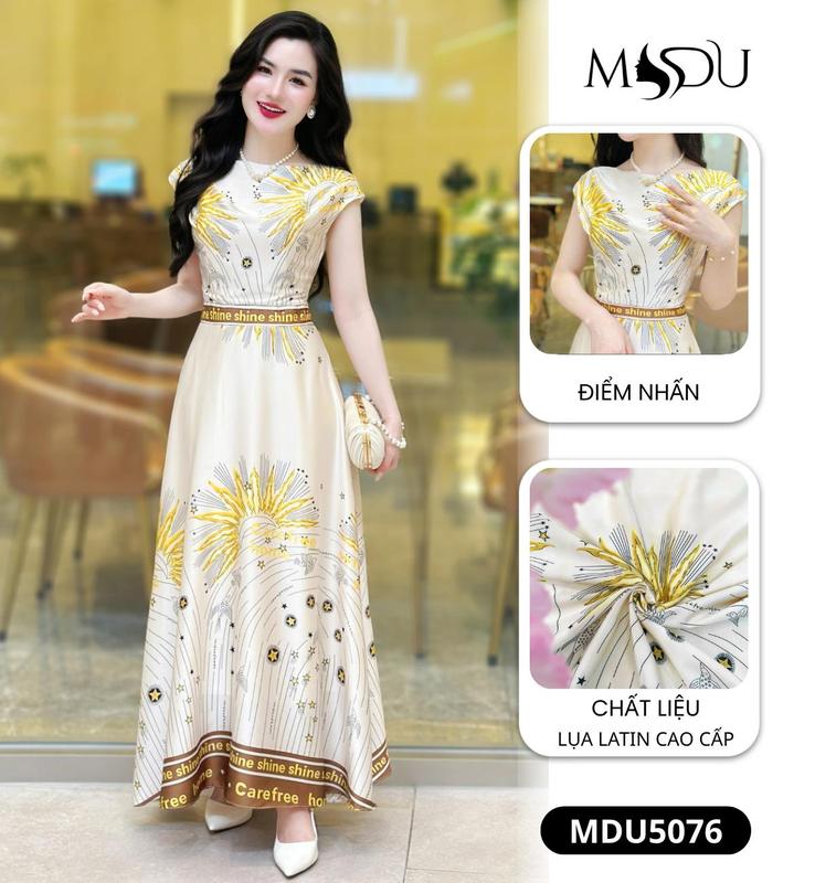   MIỄN SHIP  MDU5076 Váy Lụa Latin Cao Cấp – Họa Tiết Hoa Lá In Chìm Dành Cho Nữ 