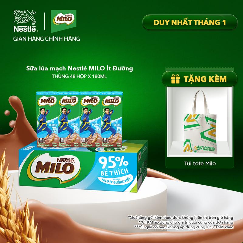   QL  Nestlé VN Sữa lúa mạch Nestlé MILO ít đường thùng 48 hộp x 180ml  12x4x180ml  - LS2 
