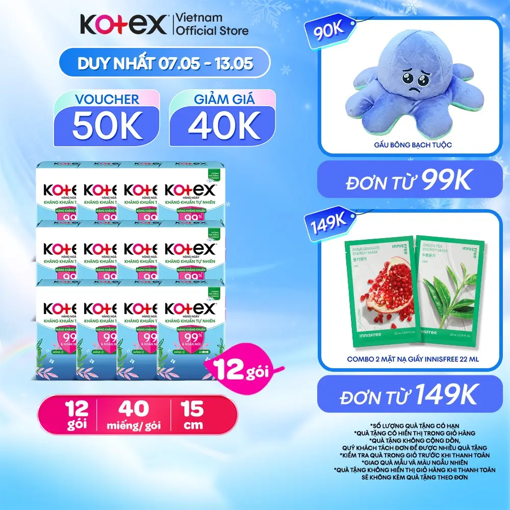 Combo 4/Combo 12 Băng vệ sinh Kotex Hàng Ngày Hỗ Trợ Kháng Khuẩn Tự Nhiên 40 miếng/gói
