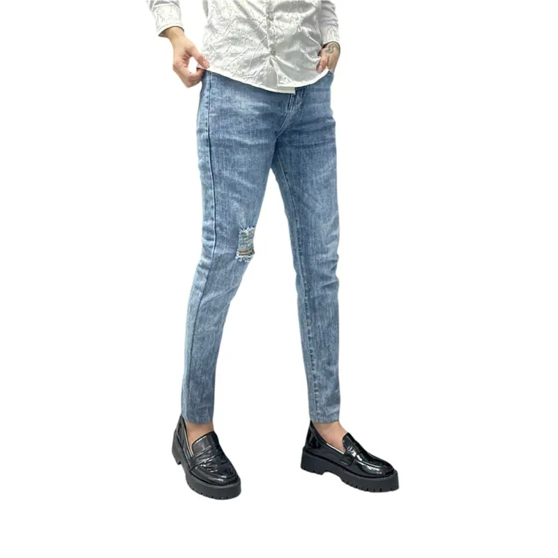 Quần Jean Nam Màu Xanh Trơn Xước Slimfit Cao Cấp Pants 3