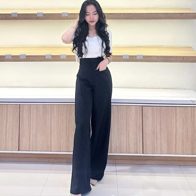 Beom Pants - Loose Pants Stripe Trouser Wanita - Celana Kulot Loose Wanita Anti Kusut - Celana Kerja Kantor Wanita Kantong/Saku Depan Semi Stretch Panjang
