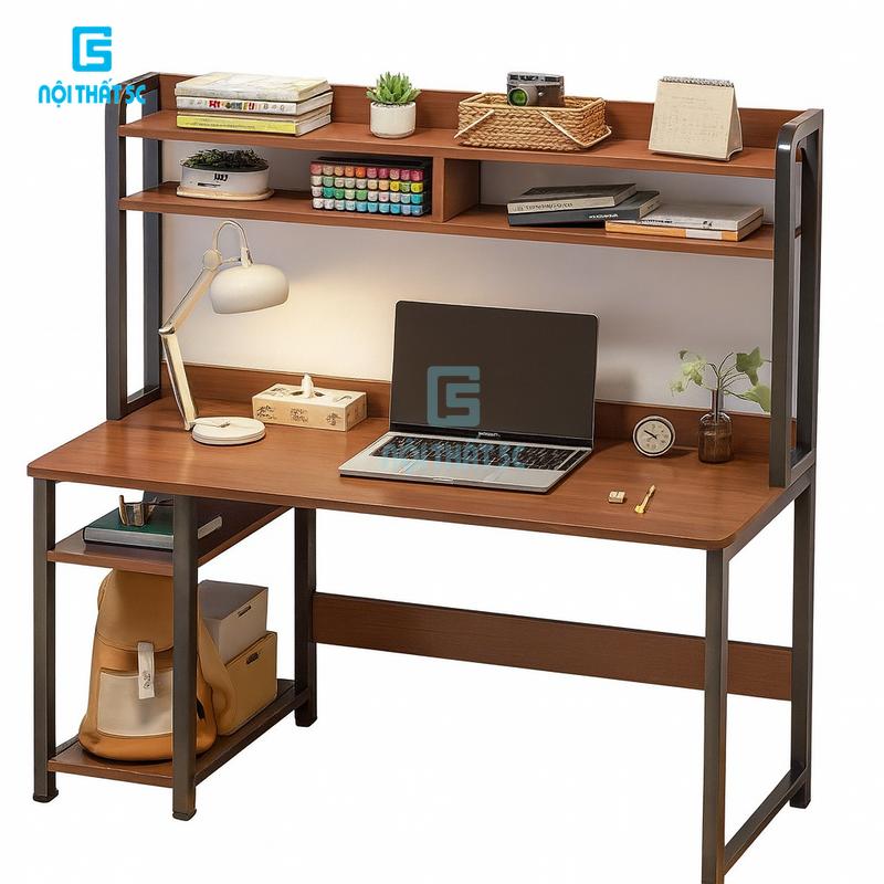 Bàn học có giá sách liền kệ 2 tầng KHÔNG KÈM GHẾ mặt gỗ MDF chân sắt hộp để laptop sách vở chắc chắn màu Gỗ tối gỗ sáng BH-073 Nội Thất 5C