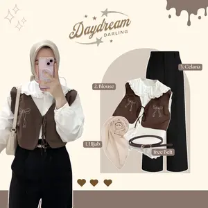 One Set Kekinian Korean Style | Blouse Rompi Pita + Celana Kulot + Hijab Bella square - CM5N  Setelan Wanita Keren Nyaman Atasan Baju