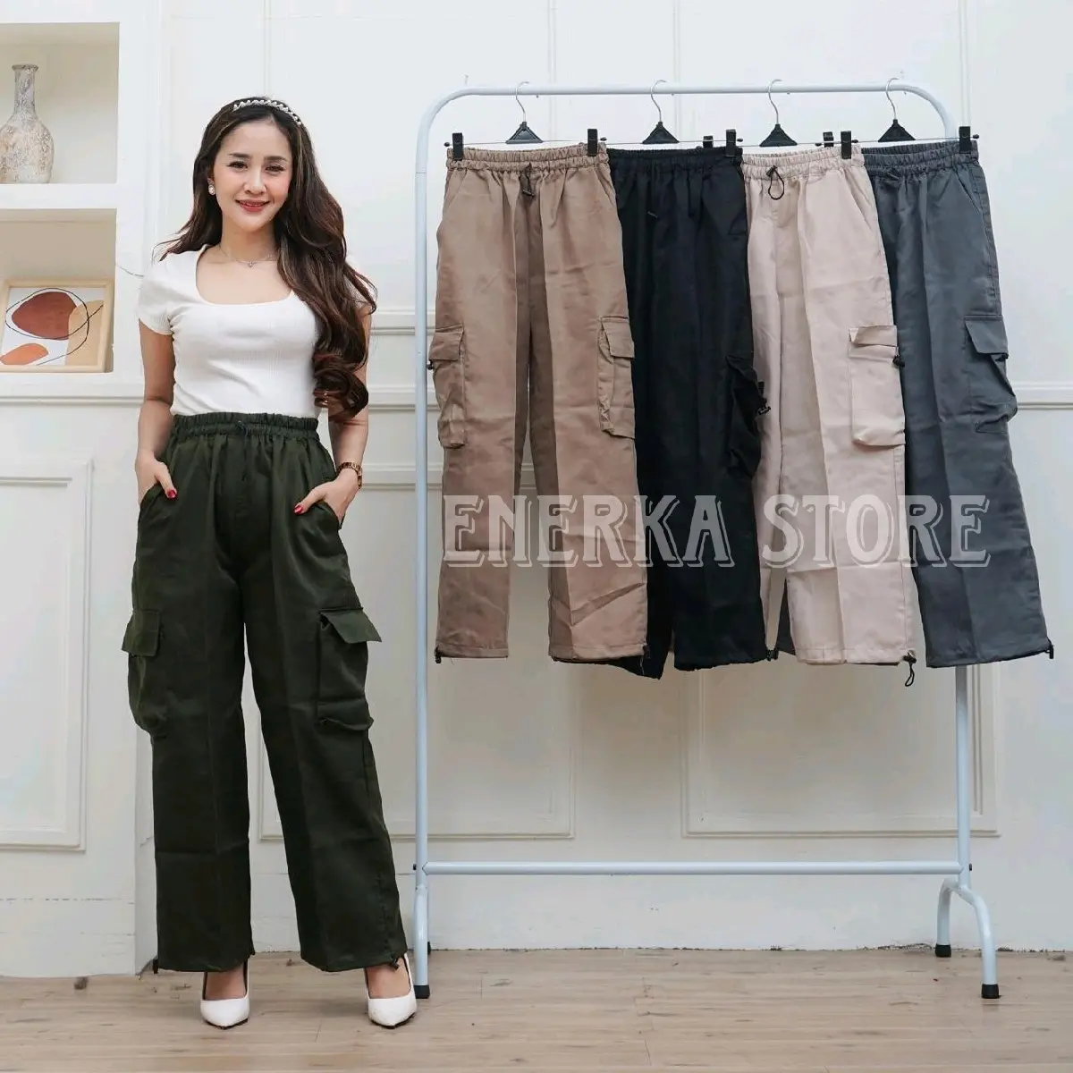 Celana Jogger Cargo Wanita Kekinian Celana Cargo serut bawah Panjang