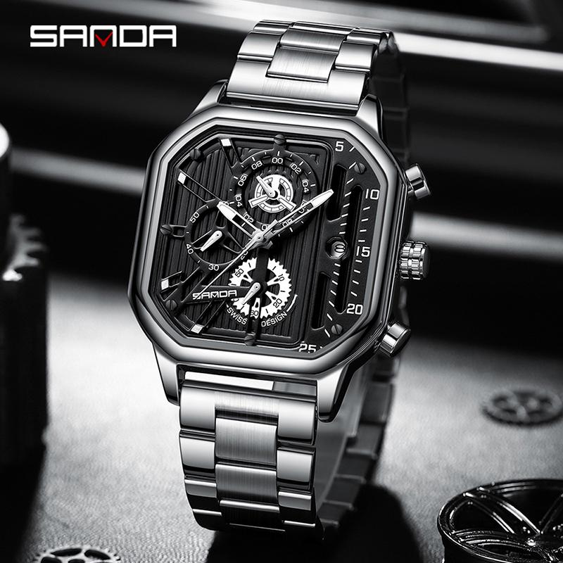 Đồng Hồ Thạch Anh Nam, AW24 SANDA 7058, Thiết Kế Mới, Hình Vuông Phổ Biến, Lịch Đơn Giản, Chống Nước, Thích Hợp Cho Mùa Thu, Đồng Hồ Bắt Chước, Dành Cho Nam