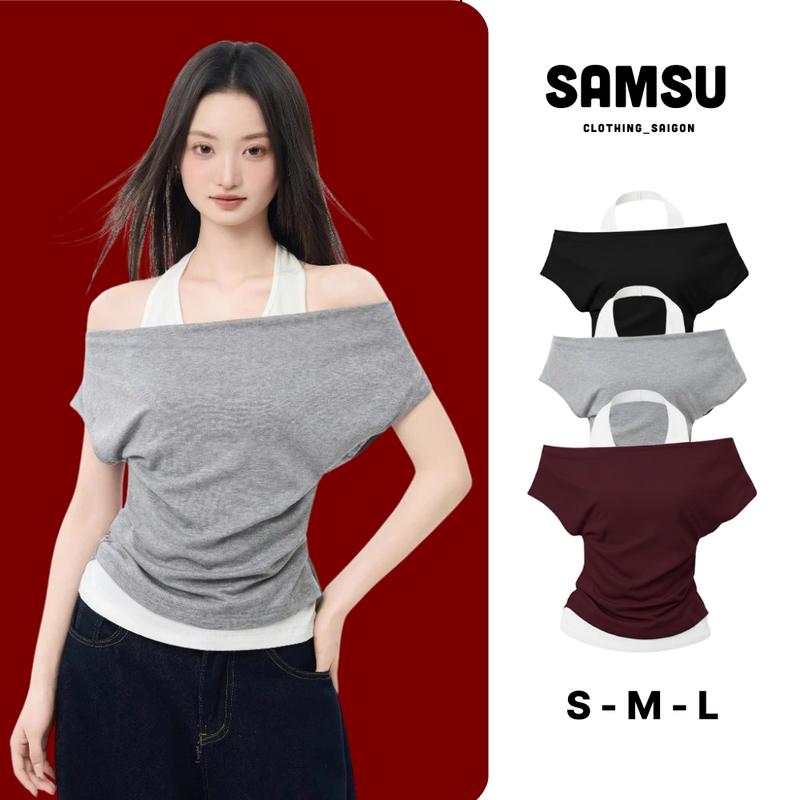   XẢ KHO  Áo Trễ Vai Thiết Kế Bẹt Vai Nhún Eo Mix Áo Cổ Yếm Liền Thân Trễ Vai Cánh Dơi Ôm Body Chất Thun Cotton Co Giãn 