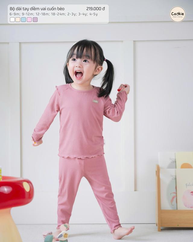 Bộ Quần Áo Dài Tay Cookie Diềm Vai Cuốn Bèo Cho Bé Gái Size Từ 6 Tháng Đến 5 Tuổi Cotton Tăm Lạnh
