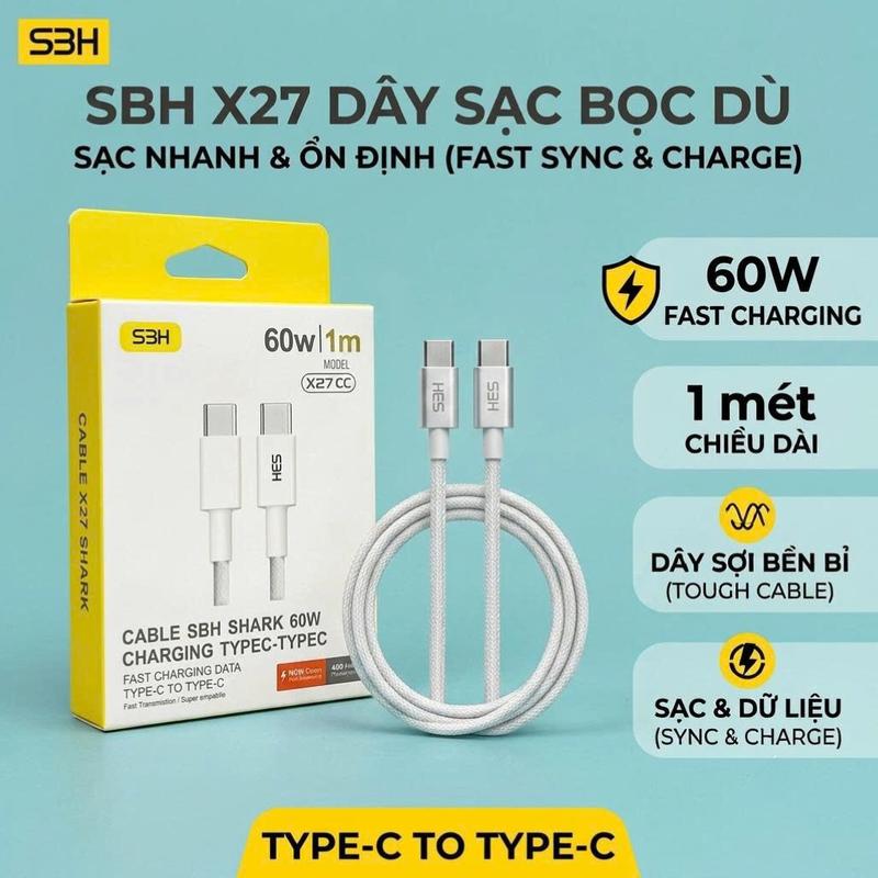 (X27-TypeC) Dây Cáp Sạc Nhanh SBH Cổng Type C 60W Bọc Dù Chống Gấp Gãy