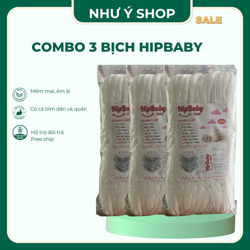 [ Siêu sale] Combo 3 bịch (150 miếng) Bỉm/Tã Quần/Dán HipBaby đủ size S đến 3XL cho bé từ sơ sinh đến 21kg, mềm mại, thấm hút tốt, an toàn cho bé