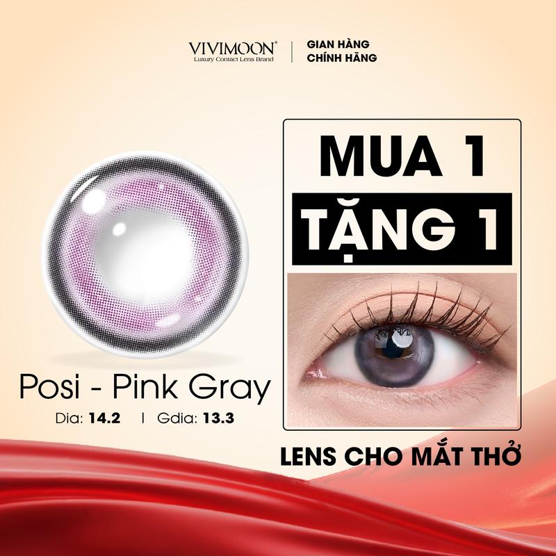 [MUA 1 TẶNG 1]  Kính áp tròng cận Posi Pink Gray màu xám hồng giãn nhẹ Lens cho mắt thở Vivimoon HSD 6 tháng (Giá 01 đôi)