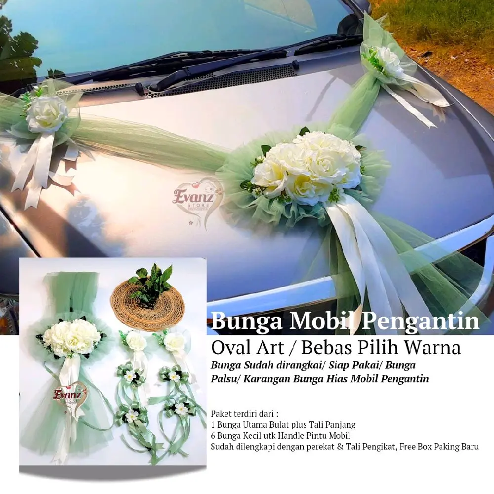 BUNGA HIASAN MOBIL PENGANTIN OVAL ART / BUNGA MOBIL PERNIKAHAN/  WEDDING FLOWERS / BUKET BUNGA MOBIL / KARANGAN BUNGA MOBIL PENGANTIN Aksesoris Tali
