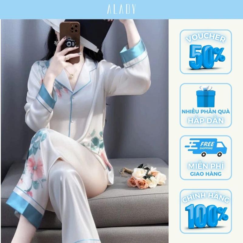  ALADY TD005 - Đồ bộ nữ Pijama tay dài trắng họa tiết nhành hoa sắc hồng Quần Ngủ Áo Ngủ 