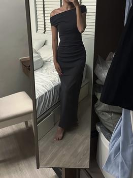 Product Review of (BARE/BASIC) Lyra Off Shoulder Ruched Midi Dress in Slate Grey from D**e 0