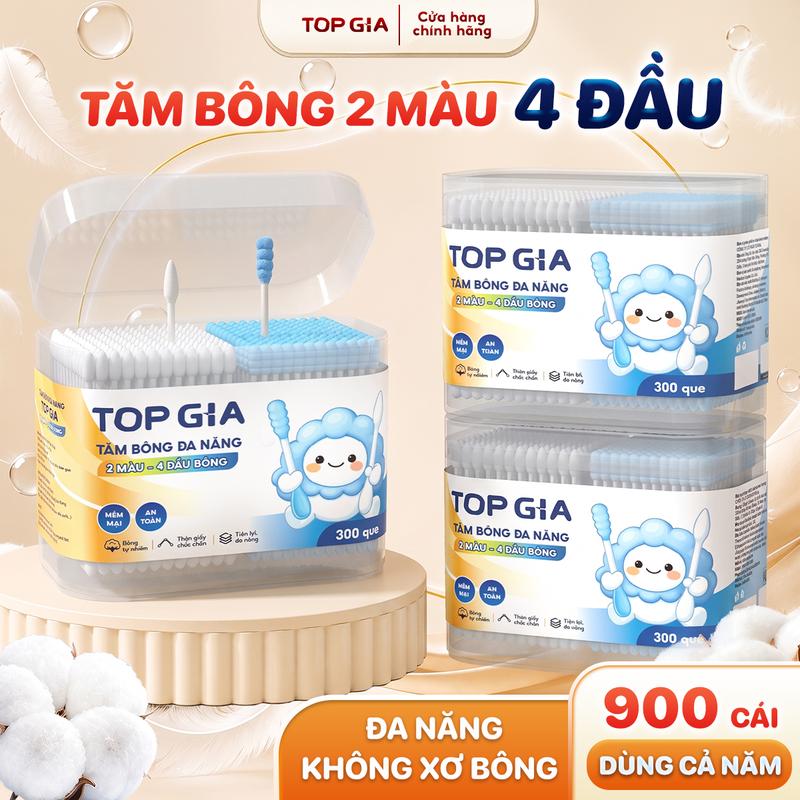 [900 QUE - DÙNG CẢ NĂM] Tăm bông đa năng 2 màu 4 đầu TopGia cao cấp, đầu bông mềm mịn, ngoáy tai êm ái, vệ sinh Makeup, thân giấy chắc chắn, An toàn cho gia đình, ĐẠT QUY CHUẨN CỦA BỘ CÔNG THƯƠNG VTGBNT