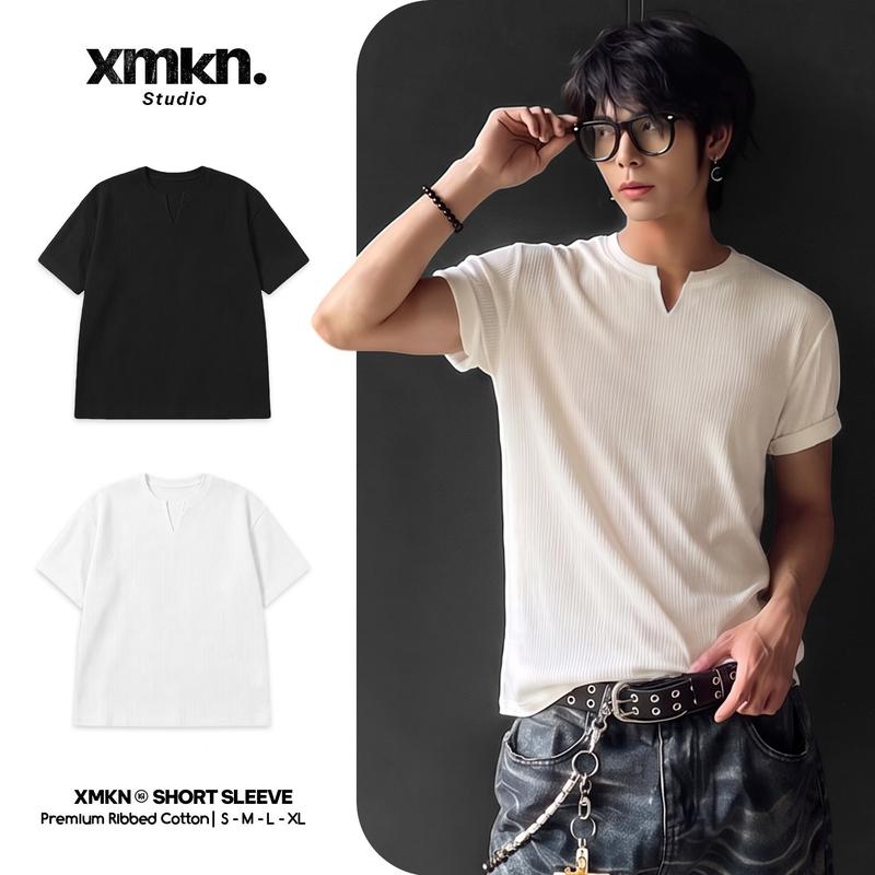 Áo Thun Short Sleeve Ribbed Basic XMKN, Áo Phông Cộc Tay Cổ V Trơn Nam Nữ.