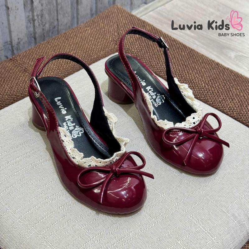  Giày cao gót bé gái 3 phân đính nơ viền ren màu đỏ Luvia Kids X18LK 