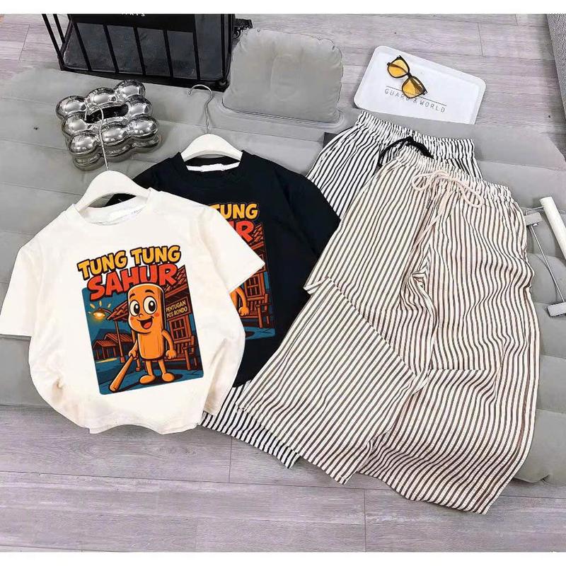 Sét bộ quần dài áo phông bé gái ( HỌA TIẾT TUNG TUNG SAHUR QUẦN KẺ SỌC ) chất liệu mềm mịn thoáng mát size 9-45 kg M99