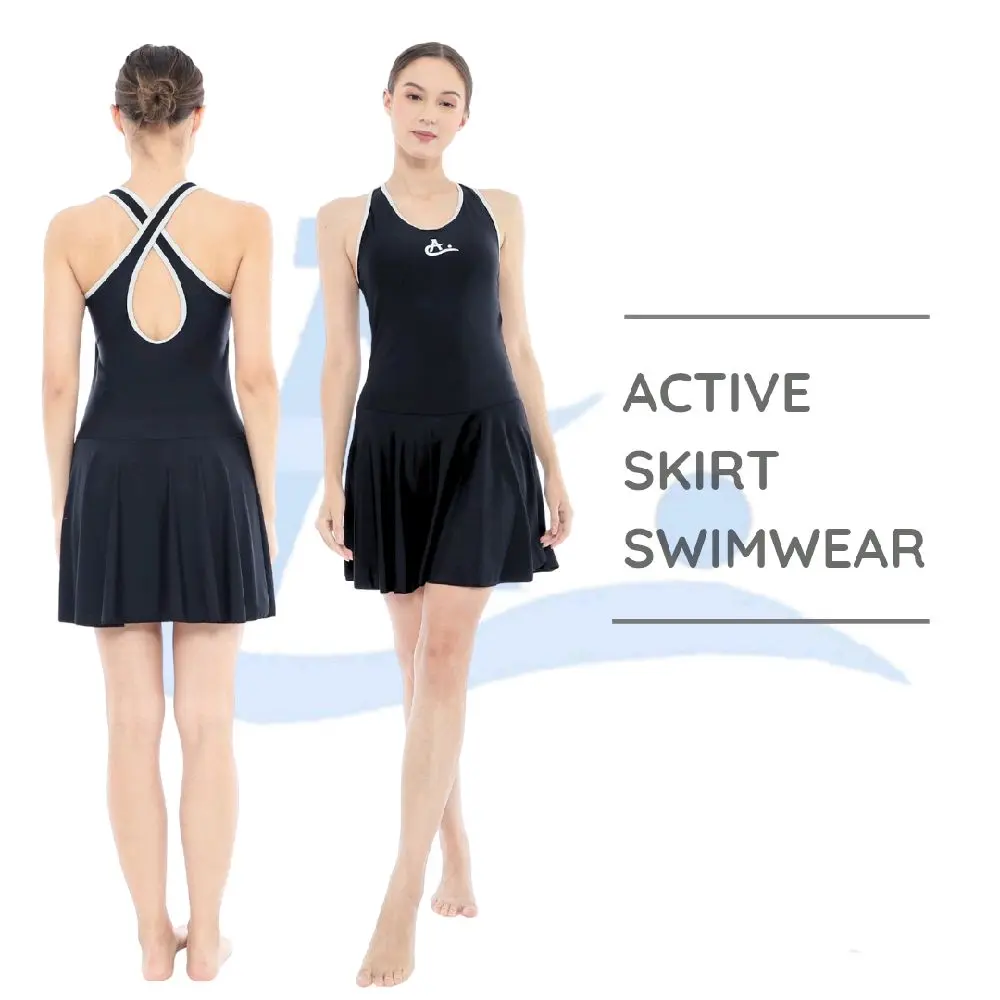 Dress Renang Wanita Active Skirt Rok Hitam Putih Desain Belakang Terbuka Sporty Baju - Active Sports Woman Athlete Skirt Swimsuit Swimwear Swim Wear Suit